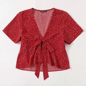 SHEIN Red Dotted Tie-Front Blouse